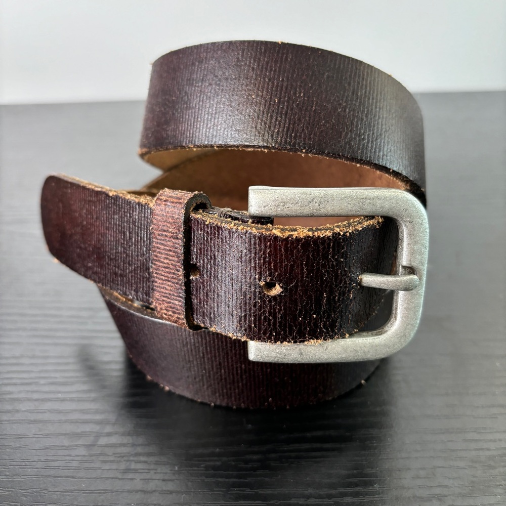 TIMBERLAND Belt Mens 38 Distressed Brown Genuine Leather Silver Buckle